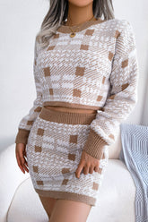 Robe courte en tricot à carreaux bicolores avec mini-jupe et robe deux pièces - Kaki